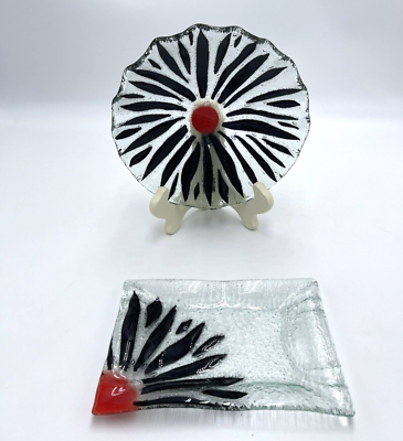#ad 2 Fused Glass Black amp; Red Dishes Round and Rectangular Ruffled Edge Sun Rays $28.00