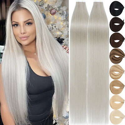 #ad Premium Tape In 100% Real Remy Human Hair Extensions Skin Weft Full Head White M $91.76