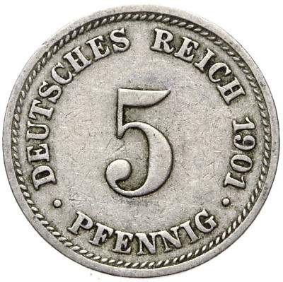 #ad German Empire Kaiserreich Wilhelm II Coin 5 Pfennig 1901 D $2.68