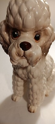 #ad Vintage Lefton Poodle Puppy Dog Dark Brown Nosev Eyes 8quot; White Grey Brown H8165 $25.99