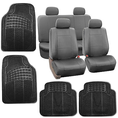 #ad Gray Faux Leather Car Seat Cover Set Head Rests Floor Mat Set $44.99