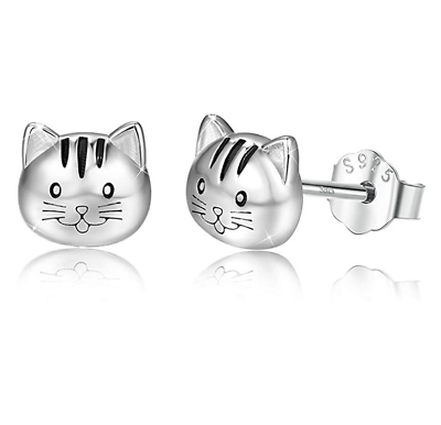 #ad Women Girl S925 Sterling Silver Cat Kitten Face Stud Post Earrings Gift Box H13 $13.95