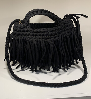 #ad Black Yarn Knotted Knit Shoulder Clutch Bag Fringe removable shoulder strap $14.00