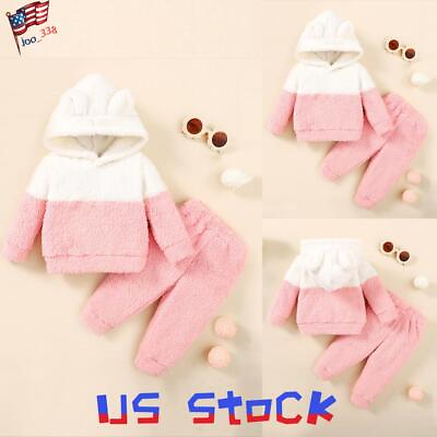 #ad Baby Girls Clothing Set Winter Fleece Bear Hooded Tops Pants 2pc Outfit Clothes $13.29