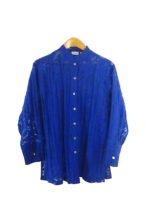 #ad Chicos 1 Womens Medium Blue Semi Sheer Asian Print Button Shirt LS Top $25.19