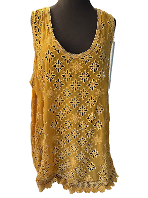 #ad Johnny Was Mustard Yellow Lace Embroidered Boho Tunic Blouse Sleeveless Women XL $66.97