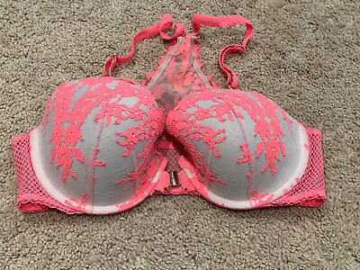 #ad Victorias Secret Womens Bra Sz 34D Dream Angels Gray Pink Lace Underwire Padded $14.99