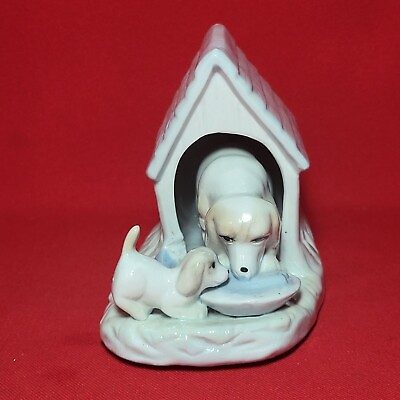 #ad VTG Porcelain Dog and Puppy Eating in Dog House Figurine $24.95
