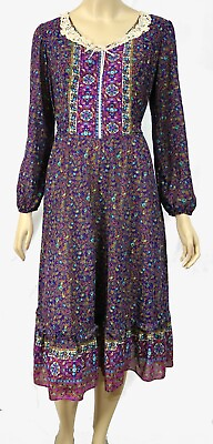 #ad Vintage 70s Whispy Boho Purple Calico Semi Sheer Puff Sleeve Prairie Dress M $68.99