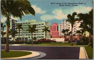 #ad Miami Beach Linen Postcard quot;Some of the Magnificent Hotelsquot; Curteich Linen 1952 $5.18