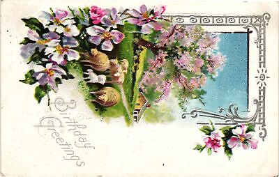 #ad Vintage Postcard Purple flowers sheep Birthday Greetings $8.95
