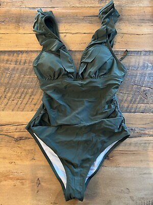 #ad CUPSHE Green Ruffle Sleeve Lace Up Back Swimsuit NWT M $14.99