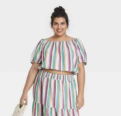 #ad Ava amp; Viv Linen Blend Crop Top Striped Puff Sleeve Shirt Blouse Plus Size 1X $10.00