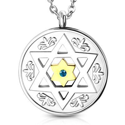 #ad Stainless Steel Two Tone Blue CZ Jewish Star David Round Men#x27;s Necklace 22quot; $19.99