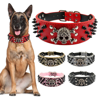 #ad 5cm Wide Cool Skull Pet Dog Collar Soft Leather Spiked Studded Adjustable S XL $23.99