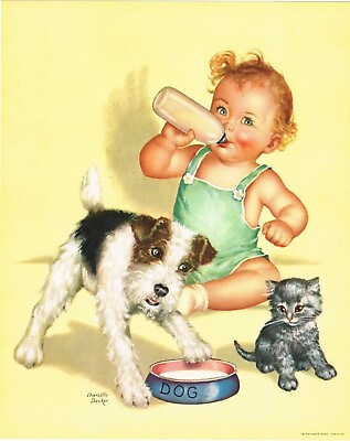 #ad 1930s CHARLOTTE BECKER BABY INFANT CAT Kitten Terrier Dog Art rePrint 8x10 $13.00