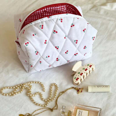 #ad Cute Cotton Quilted Makeup Bag Aesthetic Cherry Cosmetic Pouch Zipper Fashionabl AU $30.96