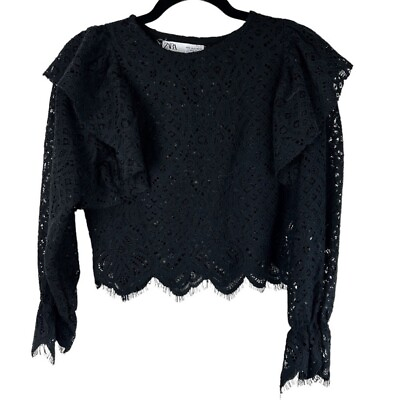 #ad Zara lace black cutout blouse Long Sleeve Size Small $19.88