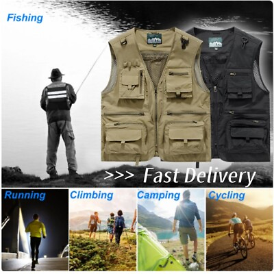 #ad Men Mesh Vest Multi Pocket Jacket Loose Outdoor Quick Dry Fishing Vest Waistcoat $25.99