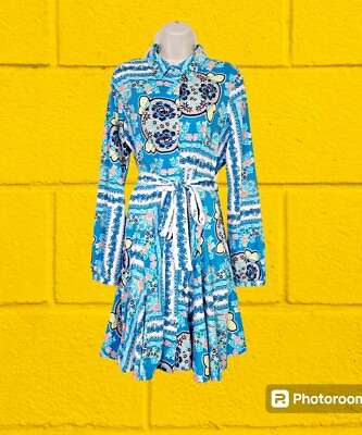 #ad NEXT Blue Scarf Print Long Sleeve Belted Mini Shirt Dress Size 16 BNWT RRP £38 GBP 16.99