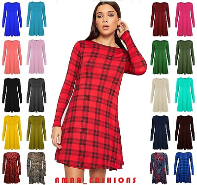 #ad Women Ladies Long Sleeve Flared Swing A Line Smock Skater Dress Top Sizes 8 26 GBP 7.99