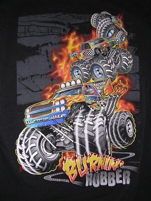 #ad Bioworld Monster Truck 4x4 quot;Burnin#x27; Rubberquot; Print Black T Shirt Kid Large Size 7 $9.69