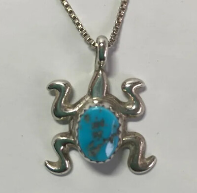 #ad Blue Turquoise Turtle Sterling Silver Pendant On 20” Italian made Box Chain $29.50