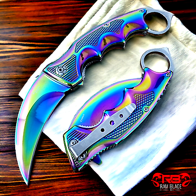 #ad Rainbow KARAMBIT SPRING POCKET KNIFE Tactical Open Folding Claw Assisted Blade $16.02