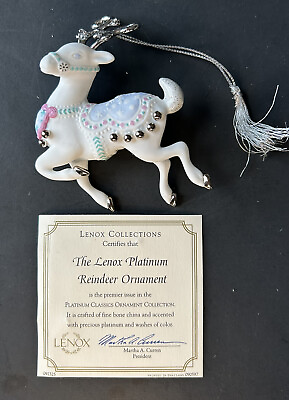 #ad Lenox The Platinum Reindeer Ornament White Bisque Bone China NEW IN BOX $38.25