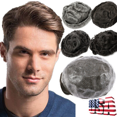 #ad Human Hair Mens Toupee Topper Replacement System PU Mono Piece Short Brown $139.85