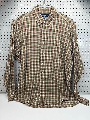 #ad Ralph Lauren Mens 17 36 37 Brown Green Red Plaid Button Up Shirt Yarmouth Cotton $20.74