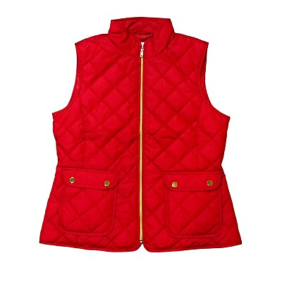 #ad St John#x27;s Bay Quilted Puffer Vest Women Medium Red Full Zip Gold Accents New Tag $19.95