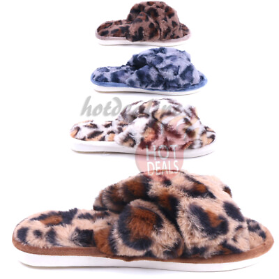 #ad Women#x27;s Cross Band Leopard Furry Fleece Slippers Open Toe House Indoor Outdoor $17.99