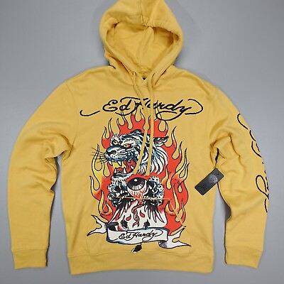#ad Ed Hardy Pullover Hoodie Yellow Graphic Fire Tiger Eye Men#x27;s Size S $44.77