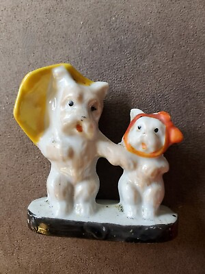 #ad Japan Porcelain 2.5quot; x 2.5quot; Dogs White Yellow Umbrella Holding Hands Figurine $14.99