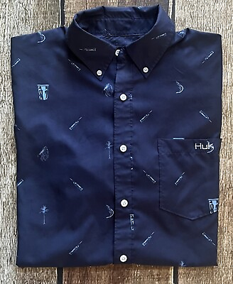 #ad HUK FISHING PRINTED VENTED SHIRT BLUE MENS LARGE GREAT CONDITION FEW SPOTS $16.99