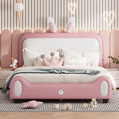 #ad Full Upholstered Rabbit Shape Princess Bed Full Platform Bed W Headboard 27AAH $169.89