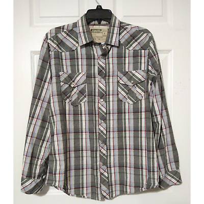 #ad Machine Mens Western Plaid Pearl Snap Button Down Long Sleeve Cowboy Shirt Sz L $15.29