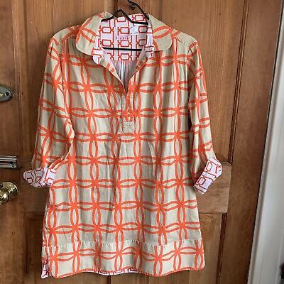 #ad Tizzie Shirt Dress Tan Orange Geo Print Pullover Contrast Sleeve L $30.00
