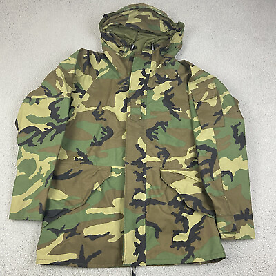 #ad Military Jacket Mens Medium Long Green Camo Cold Weather Parka Hooded Full Zip $75.32