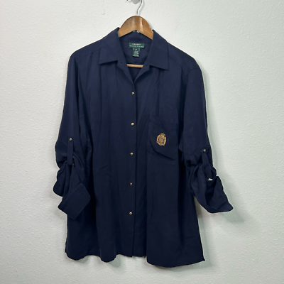 #ad Lauren Ralph Lauren Navy Blue Crest Patch 100% Silk Button Up Shirt Size 2X $29.94