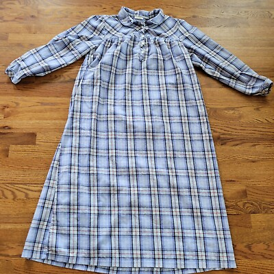 #ad L.L.Bean Flannel Nightgown Plaid Womens M Prairie Cottagecore Long Blue Vintage $29.99