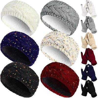 #ad 12 Pcs Women Knit Cable Headbands and Touch Screen Glove Set Winter Fleece Li... $45.22