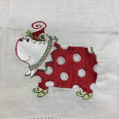Whimsical Kitchen Tea Towel w Cute Dog Bulldog In Red Suit amp;Hat Appliqué 22x13” $5.00