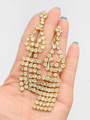 #ad Great Vtg HOBE Gold Tone Clear Glass Rhinestones Dangling Clip Earrings $81.00