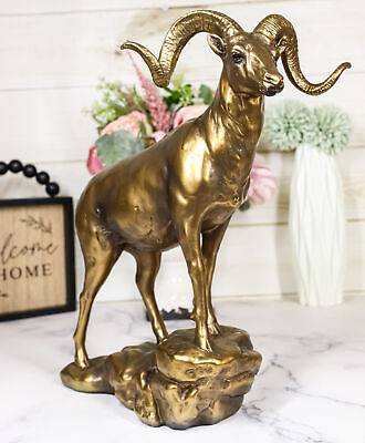 #ad Large Country Wildlife Bighorn Sheep Ram Climbing On Rock Statue In Gold Patina $49.99