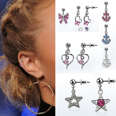 #ad 1 4PC Helix Tragus Ear Piercing Steel CZ Crystal Hanging Stud Cuff Logo Jewelry $5.25