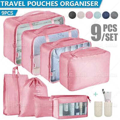 #ad 8 9PCS Travel Luggage Organiser Set Suitcase Storage Bags Clothing Packing Cubes $5.99