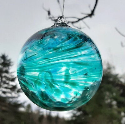 #ad 4quot; Diameter Hanging Glass Ball Clear with Aqua and Teal Swirls #20 $17.00