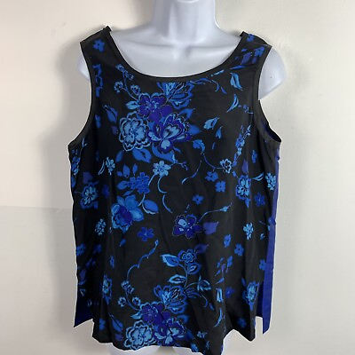 #ad Koos Of Course Womens Sleeveless Top Sz M Black Blue Floral 100% Silk Blouse NEW $40.00